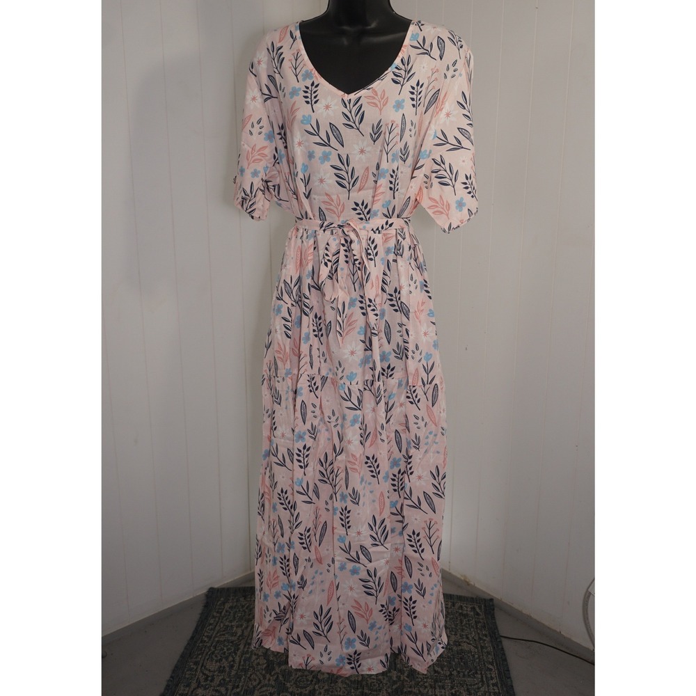 YESNO 2XL Pink Cotton Floral Maxi Dress With Tie Waist
